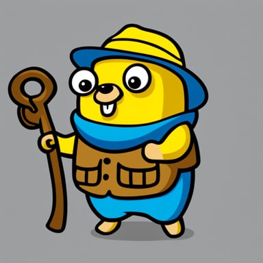 A go blue gopher depicted in a 2D cartoon style wearing a yellow fisherman's outfit holding big hooks.