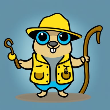 A go blue gopher depicted in a 2D cartoon style wearing a yellow fisherman's outfit holding big hooks.