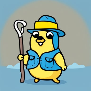 A go blue gopher depicted in a 2D cartoon style wearing a yellow fisherman's outfit holding a hook.