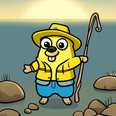 A go blue gopher depicted in a 2D cartoon style wearing a yellow fisherman's outfit holding a hook.