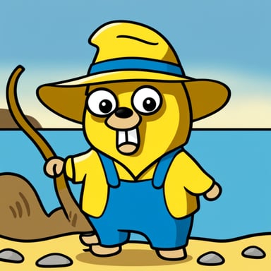 A go blue gopher depicted in a 2D cartoon style wearing a yellow fisherman's outfit holding a hook.