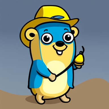 A go blue gopher depicted in a 2D cartoon style wearing a yellow fisherman's outfit holding a hook.