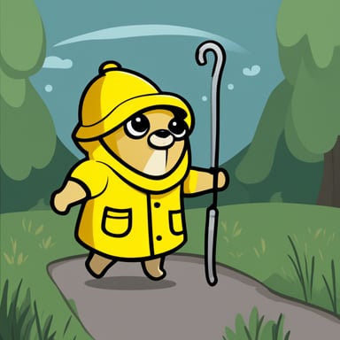 A go blue gopher depicted in a 2D cartoon style wearing a yellow rainwear with hat holding a large silver hook.