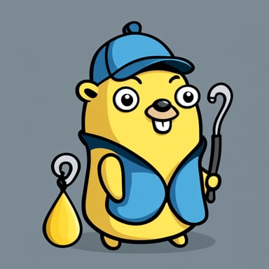 A go blue gopher depicted in a 2D cartoon style wearing a yellow rainwear with hat holding a large silver hook.