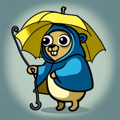 A go blue gopher depicted in a 2D cartoon style wearing a yellow rainwear with hat holding a large silver hook.