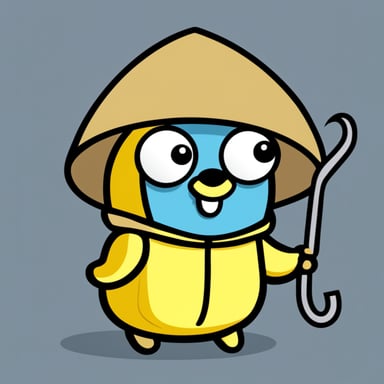 A go blue gopher depicted in a 2D cartoon style wearing a yellow rainwear with hat holding a large silver hook.
