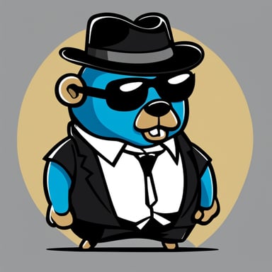 A go blue gopher depicted in a 2D cartoon style as a nightclub bouncer wearing a black suit and sunglasses with an angry look.