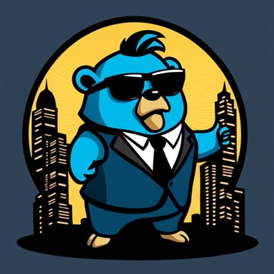 A go blue gopher depicted in a 2D cartoon style as a nightclub bouncer wearing a black suit and sunglasses with an angry look.