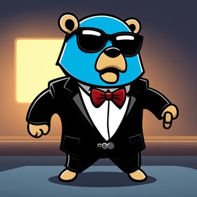 A go blue gopher depicted in a 2D cartoon style as a nightclub bouncer wearing a black suit and sunglasses with an angry look.