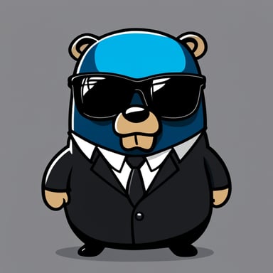 A go blue gopher depicted in a 2D cartoon style as a nightclub bouncer wearing a black suit and sunglasses with an angry look.