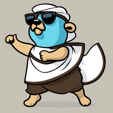 A go blue gopher depicted in a 2D cartoon style as the Greek god of air in a white toga.