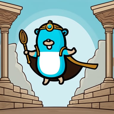 A go blue gopher depicted in a 2D cartoon style as the Greek god of air in a white toga.