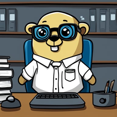 A go blue gopher depicted in a 2D cartoon style as a nerdy system administrator, wearing eyeglasses, a white shirt with a pocket protector.