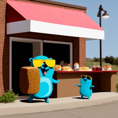 Go Blue Gopher goes to the fast food but there is a line of other Go Blue Gophers waiting to get their food.