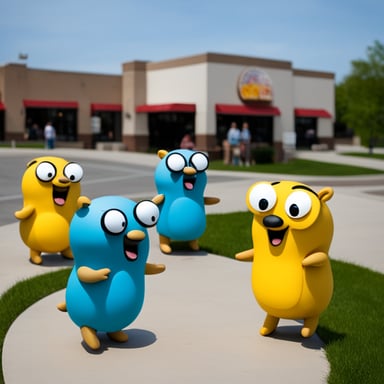 Go Blue Gopher goes to the fast food but there is a line of other Go Blue Gophers waiting to get their food.