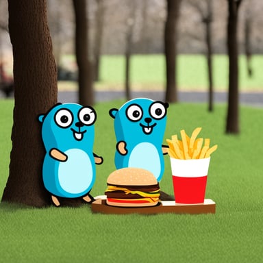 Go Blue Gopher goes to the fast food but there is a line of other Go Blue Gophers waiting to get their food.