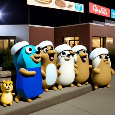 Go Blue Gopher goes to the fast food but there is a line of other Go Blue Gophers waiting to get their food.