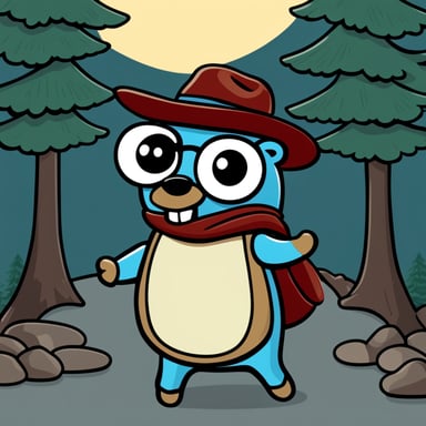 A go blue gopher depicted in a 2D cartoon style wearing a shirt with a pine tree on it.
