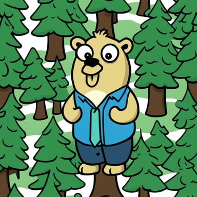 A go blue gopher depicted in a 2D cartoon style wearing a shirt with a pine tree on it.