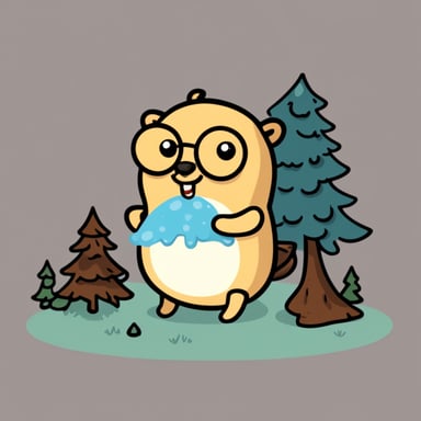 A go blue gopher depicted in a 2D cartoon style wearing a shirt with a pine tree on it.