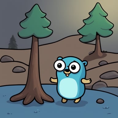 A go blue gopher depicted in a 2D cartoon style wearing a shirt with a pine tree on it.