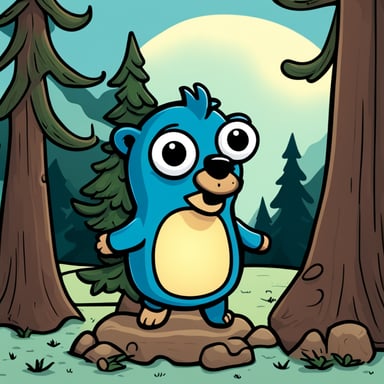 A 2D cartoon style depiction of Go Blue Gopher as a pine tree.