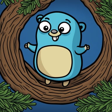 A 2D cartoon style depiction of Go Blue Gopher as a pine tree.
