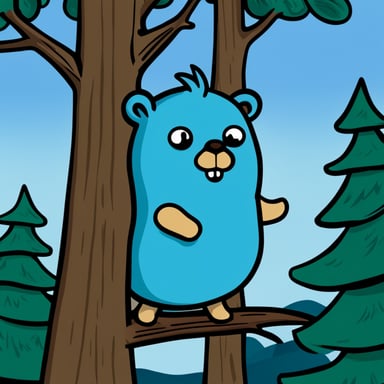 A 2D cartoon style depiction of Go Blue Gopher as a pine tree.