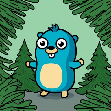 A 2D cartoon style depiction of Go Blue Gopher as a pine tree.