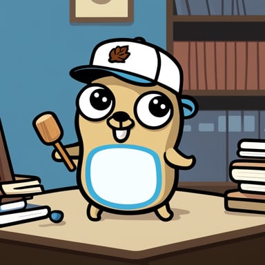 A go blue gopher depicted in a 2D cartoon style, portrayed as a college student wearing a college shirt and baseball hat.