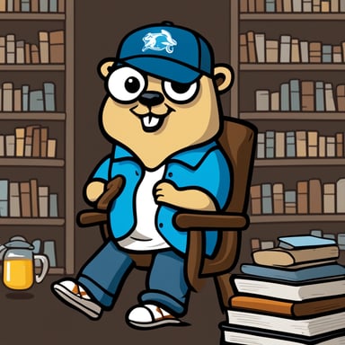 A go blue gopher depicted in a 2D cartoon style, portrayed as a college student wearing a college shirt and baseball hat.