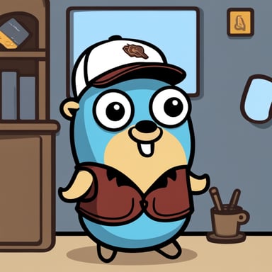 A go blue gopher depicted in a 2D cartoon style, portrayed as a college student wearing a college shirt and baseball hat.