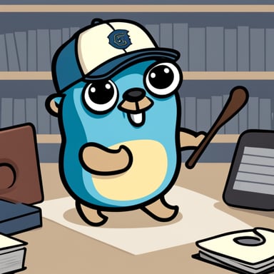 A go blue gopher depicted in a 2D cartoon style, portrayed as a college student wearing a college shirt and baseball hat.