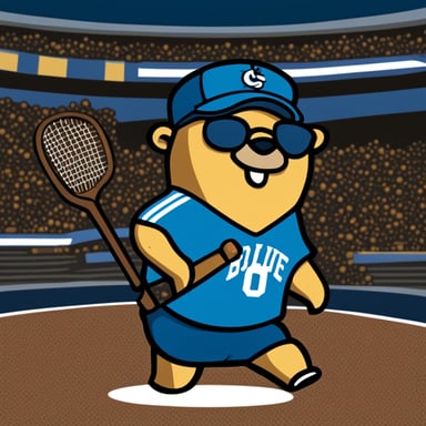 A 2D cartoon-style depiction of the Go Blue Gopher as a passionate sports fan, adorned in the team's colors.