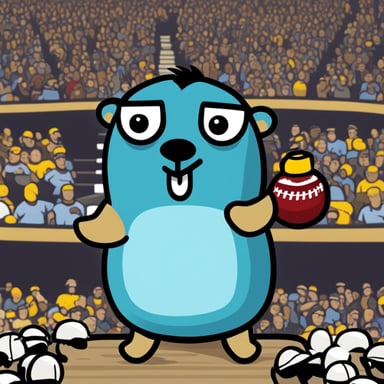 A 2D cartoon-style depiction of the Go Blue Gopher as a passionate sports fan, adorned in the team's colors.