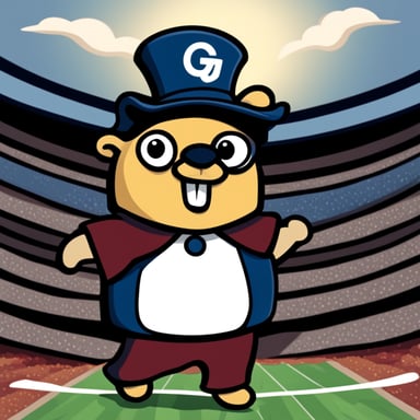 A 2D cartoon-style depiction of the Go Blue Gopher as a passionate sports fan, adorned in the team's colors.