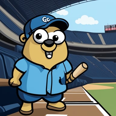 A go blue gopher depicted in a 2D cartoon style as a fan at a baseball game.