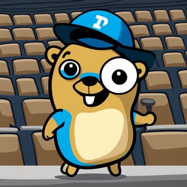A go blue gopher depicted in a 2D cartoon style as a fan at a baseball game.