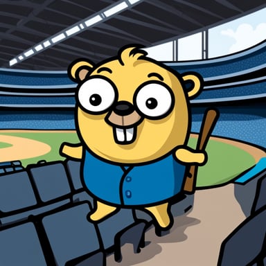 A go blue gopher depicted in a 2D cartoon style as a fan at a baseball game.