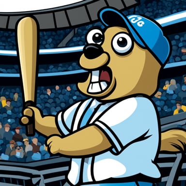 A go blue gopher depicted in a 2D cartoon style as a fan at a baseball game.