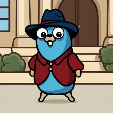 A go blue gopher depicted in a 2D cartoon style as a Stanford University student.