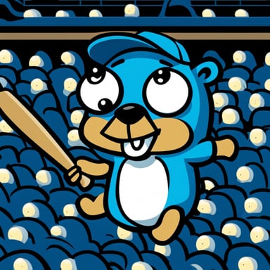 A 2D cartoon style depicts Go Blue Gopher as an enthusiastic college baseball fan.