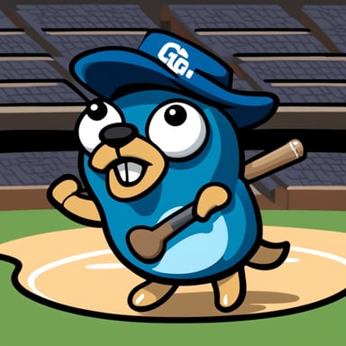 A 2D cartoon style depicts Go Blue Gopher as an enthusiastic college baseball fan.