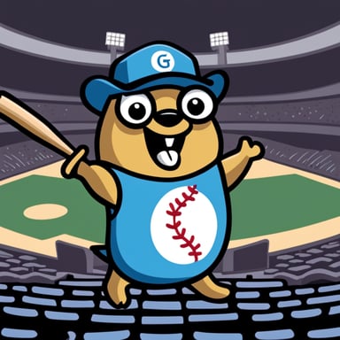 A 2D cartoon style depicts Go Blue Gopher as an enthusiastic college baseball fan.