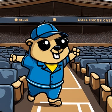 A 2D cartoon style depicts Go Blue Gopher as an enthusiastic college baseball fan.