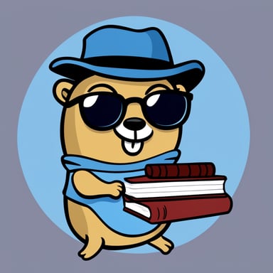 A 2D cartoon style depicts Go Blue Gopher as a nerdy college student with eye glasses, a hat, and a T-shirt, holding books.