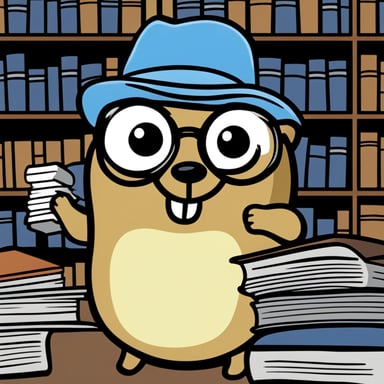 A 2D cartoon style depicts Go Blue Gopher as a nerdy college student with eye glasses, a hat, and a T-shirt, holding books.