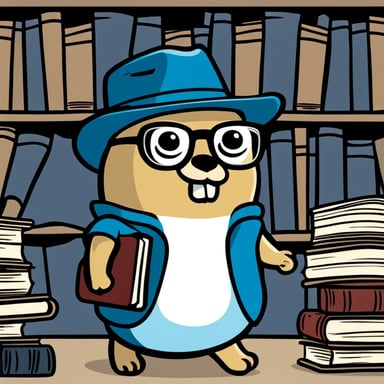 A 2D cartoon style depicts Go Blue Gopher as a nerdy college student with eye glasses, a hat, and a T-shirt, holding books.