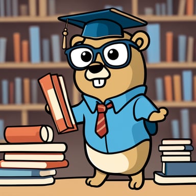 A 2D cartoon style depicts Go Blue Gopher as a nerdy college student with eye glasses, a hat, and a T-shirt, holding books.