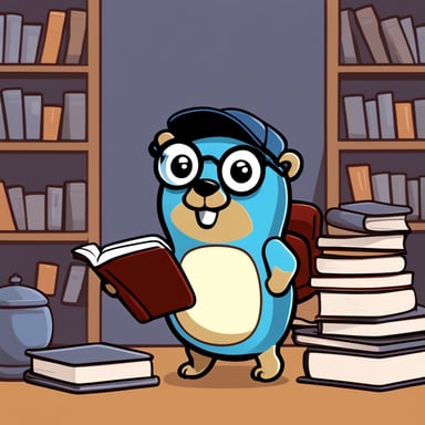 A 2D cartoon style depicts Go Blue Gopher as a nerdy student with eyeglasses, a baseball hat, and a T-shirt, holding books.